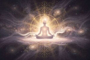 Frau sitzt in meditativer Haltung und erkundet ihre inneren Schatten durch bewusste Selbstreflexion und persönliches Wachstum.