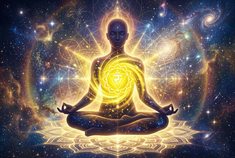 Gelber Energieball im Bauchbereich eines meditierenden Menschen, symbolisiert das aktivierte Solarplexus-Chakra und innere...