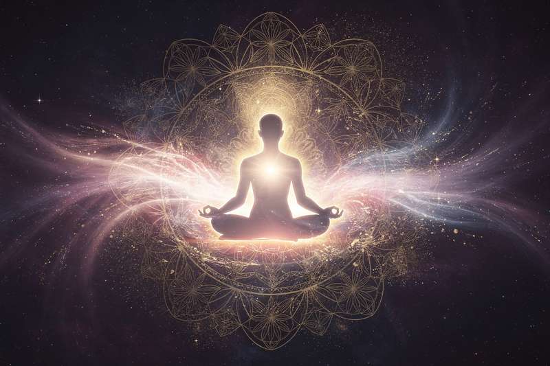 Abstrakte Darstellung von Lichtenergien und spirituellen Symbolen, die die Verbindung zur inneren Seele und höheren...