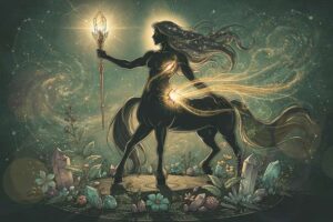 Antiker Centaur Chiron mit Pfeil in der Schulter, umgeben von Sternen und astrologischen Symbolen.