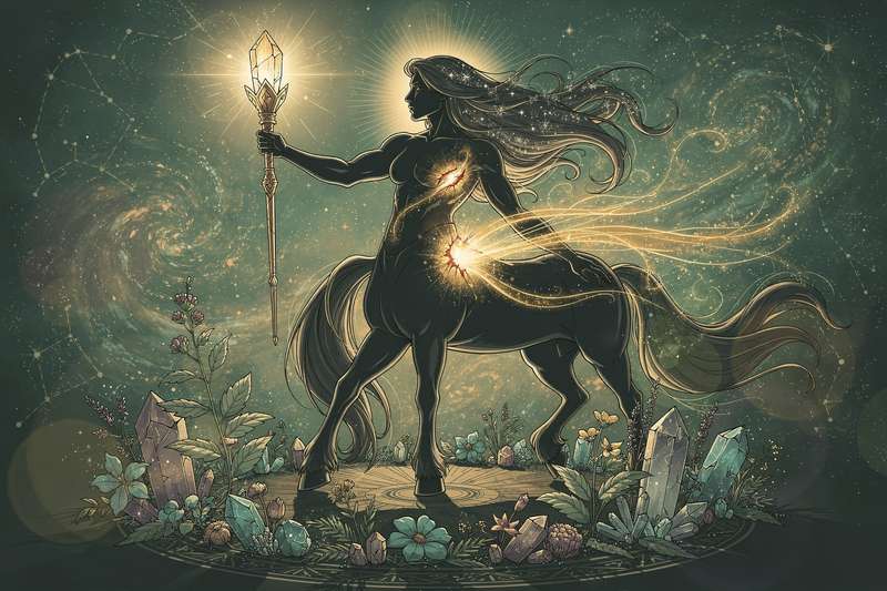 Antiker Centaur Chiron mit Pfeil in der Schulter, umgeben von Sternen und astrologischen Symbolen.