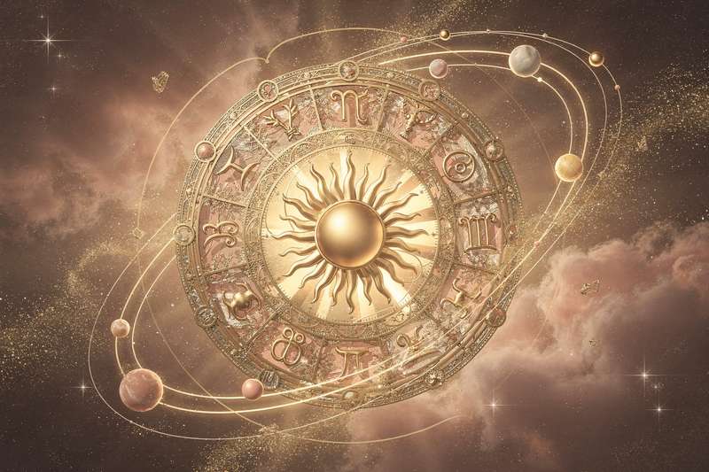 Astrologische Darstellung eines Geburtstags-Horoskops mit Sonnenrückkehr und persönlichen Planeten im Kreis.