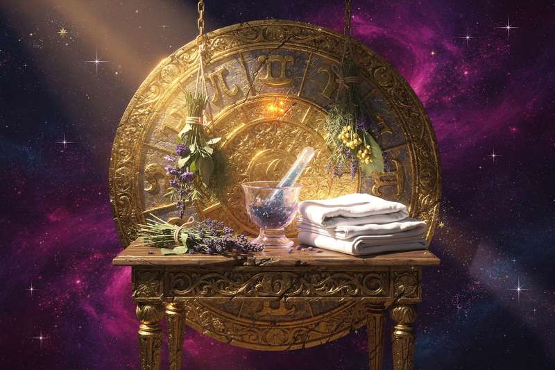 Astrologisches Rad mit Hervorhebung des sechsten Hauses, das Symbole für Gesundheit, Beruf und alltägliche Pflichten zeigt.