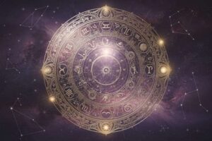 Astrologisches Geburtshoroskop zeigt das siebte Haus mit Symbolen für Beziehungen, Partnerschaft und eheliche Verbindungen.