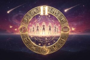 Astrologisches Schaubild zeigt das elfte Haus mit Symbolen für soziale Netzwerke, Freundeskreise und gemeinsame Ziele im...