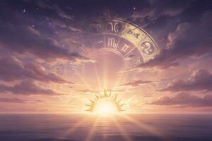 Astrologisches Radix-Diagramm mit Häusern und Tierkreiszeichen, das die Position des aufsteigenden Zeichens am Aszendent zeigt.