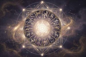 Astrologisches Rad mit Hervorhebung des fünften Hauses, symbolisiert durch Herzformen und kreative Elemente wie Pinsel und...