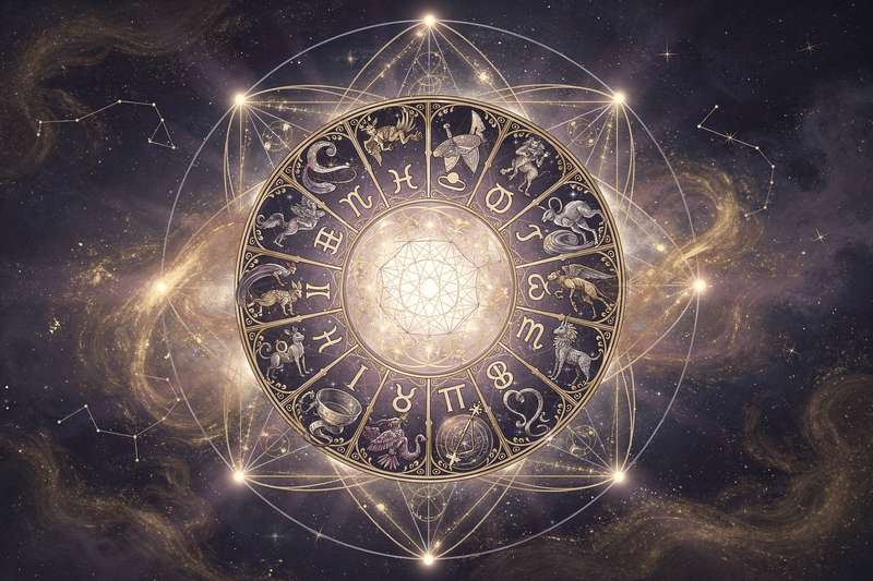 Astrologisches Rad mit Hervorhebung des fünften Hauses, symbolisiert durch Herzformen und kreative Elemente wie Pinsel und...