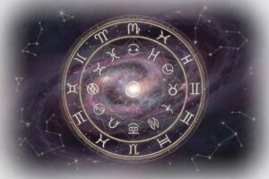 Astrologisches Rad zeigt das Tierkreiszeichen Waage mit aufsteigendem Aszendenten im ersten Haus.