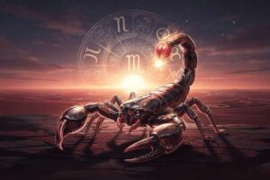 Astrologische Darstellung des Skorpion-Aszendenten mit mystischen Symbolen und intensiver Ausstrahlung in dunklen Farben.
