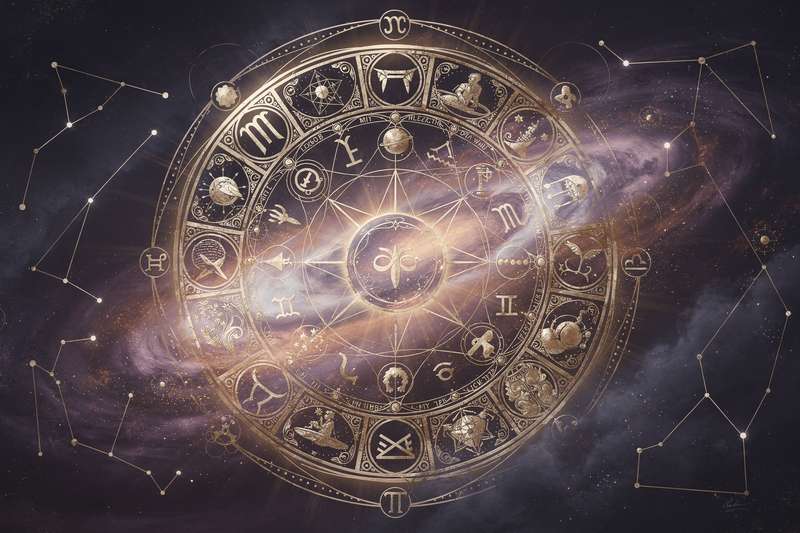 Antike indische Schriften und Symbole zur vedischen Astrologie mit Planetendarstellungen und Sanskrit-Zeichen auf dunklem...