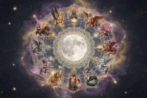 Darstellung der 27 Nakshatras als Mondstationen im Kreis angeordnet mit vedischen Symbolen und Konstellationen der indischen...