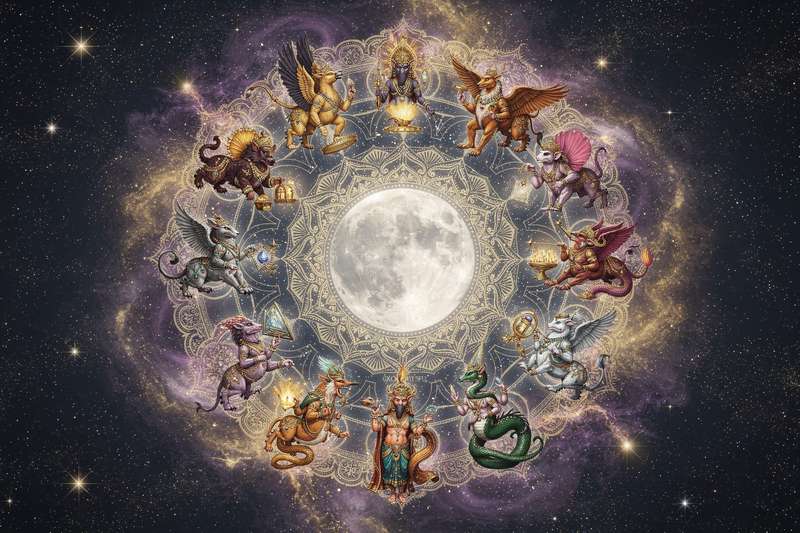 Darstellung der 27 Nakshatras als Mondstationen im Kreis angeordnet mit vedischen Symbolen und Konstellationen der indischen...