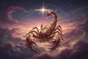 Astrologisches Diagramm zeigt die Mondknoten mit Skorpion und Stier Symbolen zur Veranschaulichung der karmischen Lebensaufgabe.