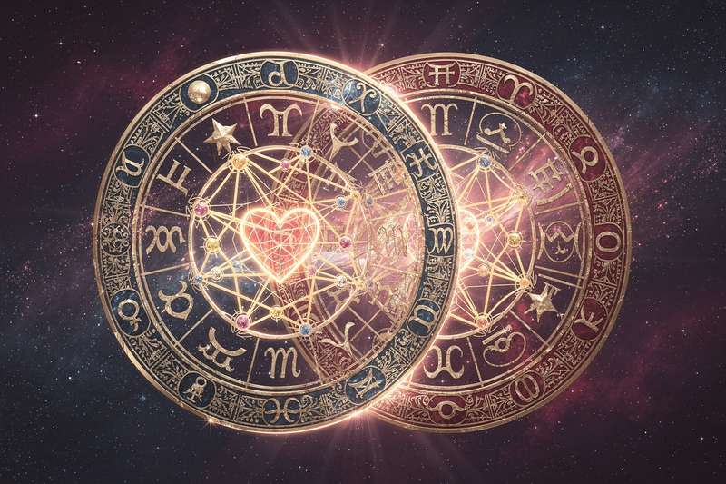 Zwei Geburtscharts überlagert sich mit farbigen Linien und Symbolen, die astrologische Aspekte zwischen zwei Personen darstellen.