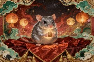 Symbole und Merkmale des chinesischen Tierkreiszeichens Ratte mit Darstellung von Persönlichkeitsmerkmalen und astrologischen...