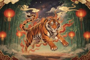 Symbolische Darstellung des Tigers als Zeichen des chinesischen Tierkreises mit traditionellen Elementen und...