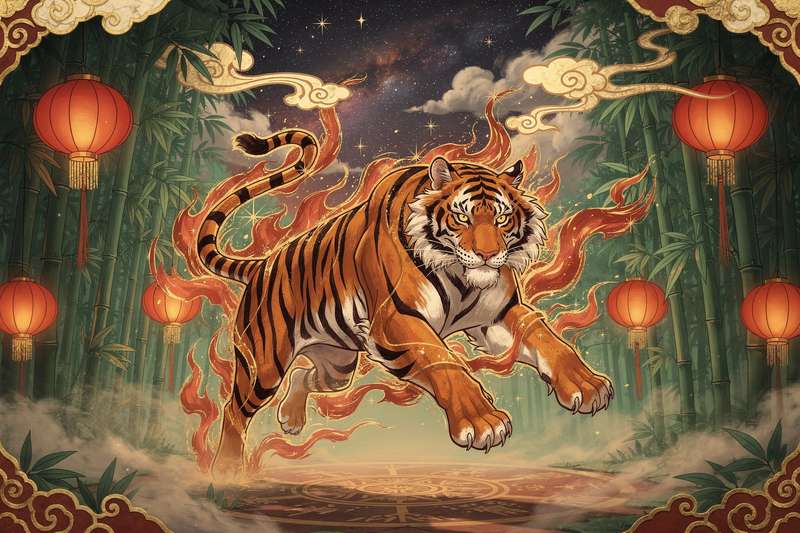 Symbolische Darstellung des Tigers als Zeichen des chinesischen Tierkreises mit traditionellen Elementen und...