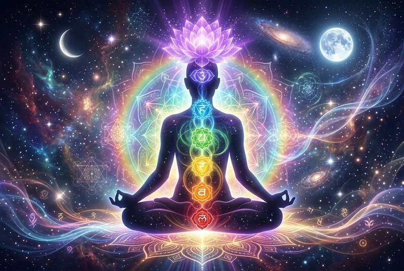 Frau sitzt in Meditationshaltung mit leuchtenden Energiepunkten entlang der Wirbelsäule, die die sieben Chakras symbolisieren.
