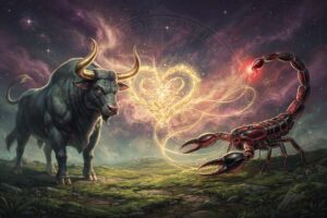 Stier und Skorpion Sternzeichen symbole nebeneinander mit magischer Anziehung dargestellt.