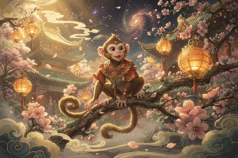 Symbolische Darstellung des Affen aus dem chinesischen Horoskop mit traditionellen Elementen wie Glückssymbolen und...