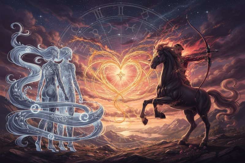 Astrologisches Symbol für Zwillinge und Schütze mit kosmischem Hintergrund, das die Verbindung zwischen den gegensätzlichen...