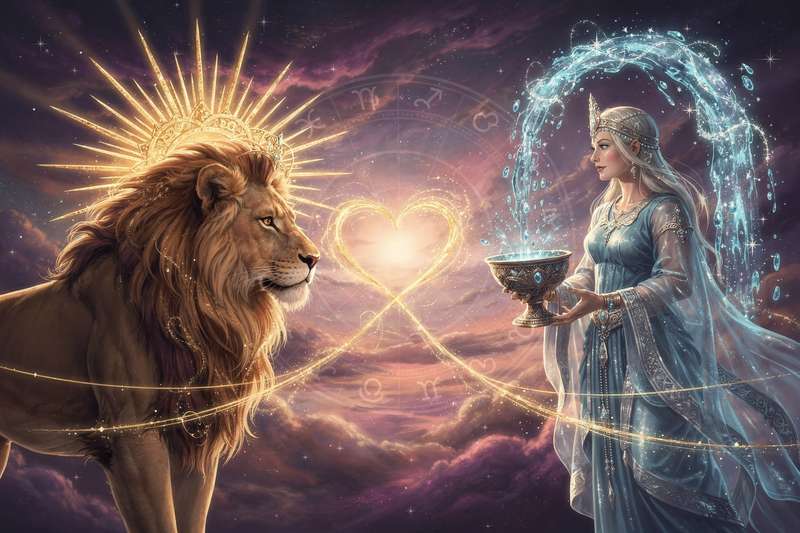 Symbolische Darstellung der astrologischen Konstellation zwischen dem feurigen Löwen und dem luftigen Wassermann als...