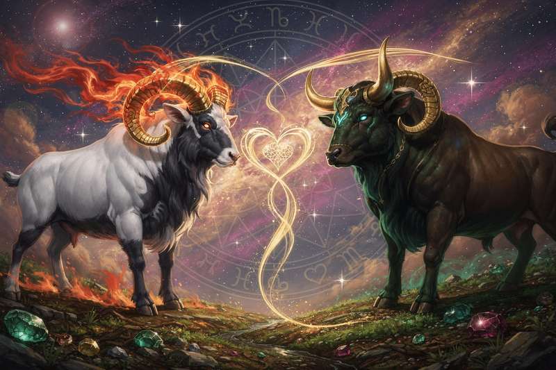 Widder mit feurigem Temperament und erdiger Stier stehen sich in intensiver Umarmung gegenüber.