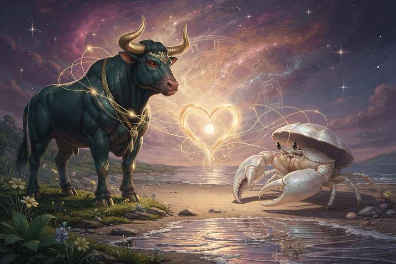 Stier und Krebs sitzen sich gegenüber, während sanfte Wellen und Erdtöne ihre emotionale Verbundenheit symbolisieren.