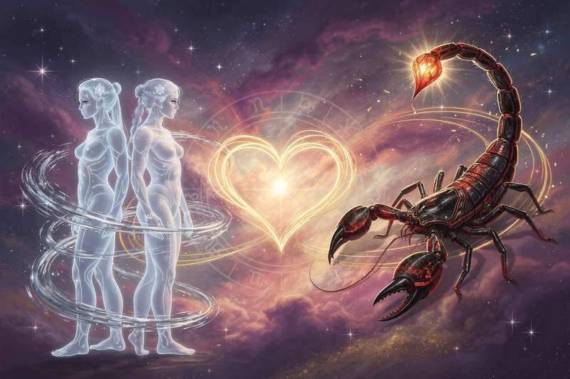 Astrologisches Schaubild zeigt die Komplementarität zwischen dem Luftzeichen Zwillinge und dem Wasserzeichen Skorpion in einer...
