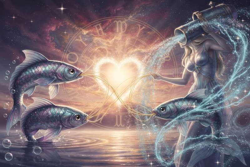 Zwei abstrakte menschliche Silhouetten in Wasser- und Luftelementen verschmelzen in mystischen Farben und symbolisieren die...