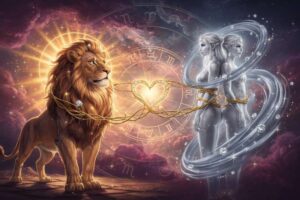 Lebendige Darstellung der astrologischen Kompatibilität zwischen dem feurigen Löwen und den luftigen Zwillingen in ihrem...