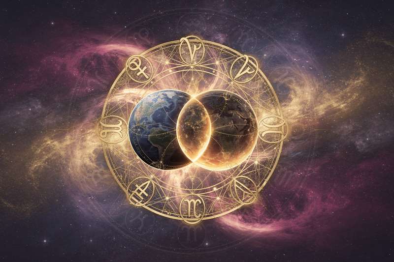 Zwei Planeten stehen sich in astrologischer Konjunktion gegenüber und vereinen ihre Energien zu einem kraftvollen kosmischen...
