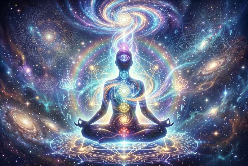 Reiki-Praktizierender mit erhobenen Händen channelt universelle Lebensenergie zur energetischen Heilung und Harmonisierung des...