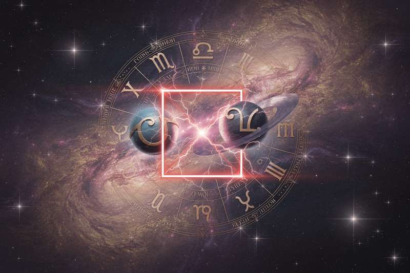 Astrologisches Schaubild zeigt zwei Planetenzeichen im Winkel von neunzig Grad zueinander, symbolisiert durch geometrische Linien.