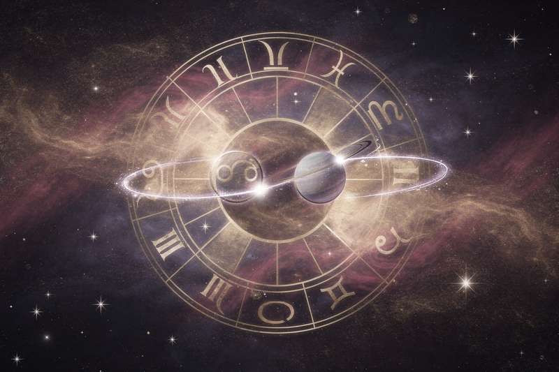 Astrologisches Geburtshoroskop mit markiertem Winkel von dreißig Grad zwischen zwei Planeten.