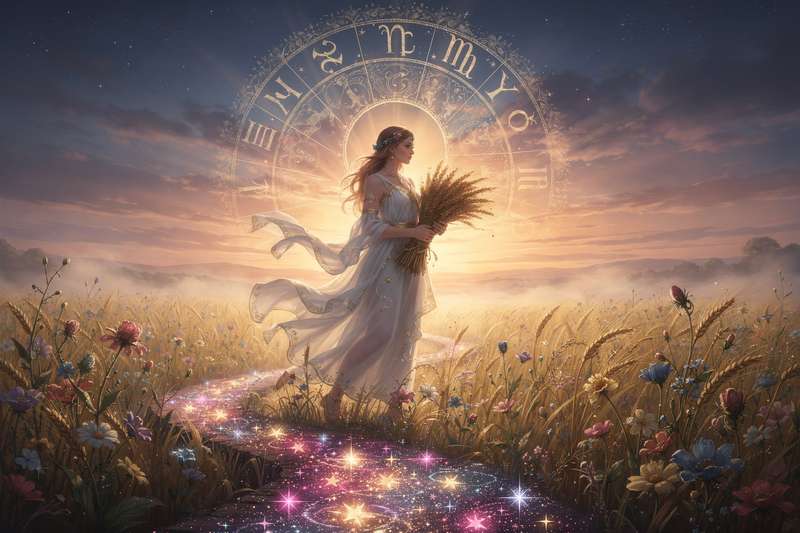 Astrologische Darstellung der Jungfrau mit Symbolen für Liebe, Karriere und persönliche Entwicklung im Jahr 2026.