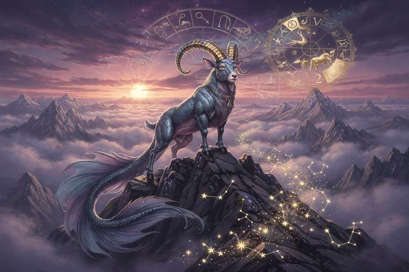 Horoskop-Grafik zeigt symbolische Darstellung des Steinbocks mit Deutungen für Liebesbeziehungen, berufliche Entwicklung und...