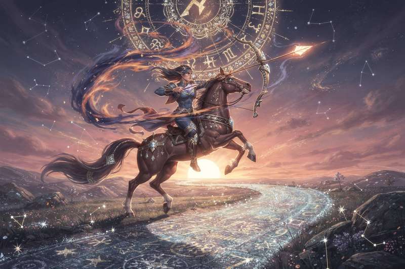 Astrologische Darstellung der Schütze-Konstellation mit symbolischen Elementen für Liebe, Beruf und Persönlichkeitsentwicklung...