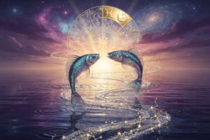 Tierkreiszeichen Fische mit symbolischen Elementen für Liebe, berufliche Entwicklung und spirituelle Transformation im Jahr 2026.