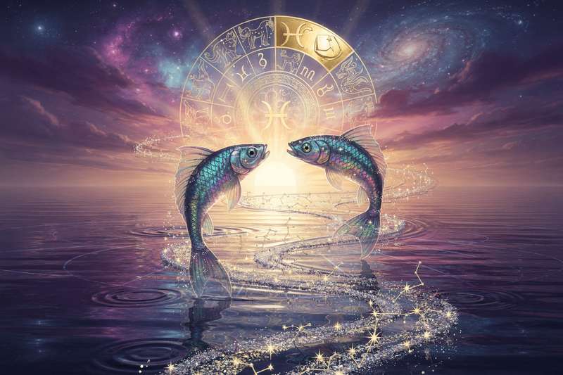 Tierkreiszeichen Fische mit symbolischen Elementen für Liebe, berufliche Entwicklung und spirituelle Transformation im Jahr 2026.