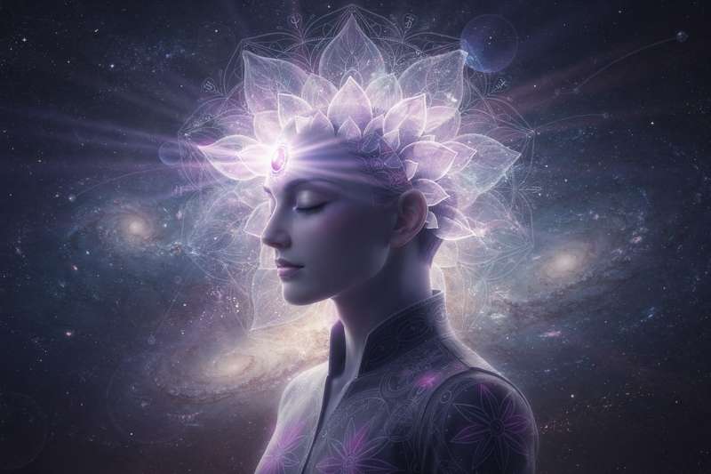 Leuchtender lila Kristall auf der Stirn einer meditierenden Person, symbolisiert die Aktivierung des inneren spirituellen...