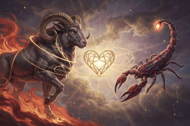 Widder und Skorpion in einer Konstellation, die gegensätzliche Elemente symbolisiert.