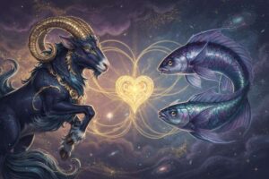 Paar in Umarmung unter Sternenhimmel, das symbolisch Erdzeichen Steinbock und Wasserzeichen Fische in ihrer kosmischen...