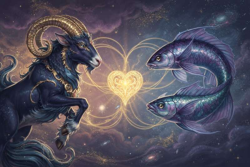 Paar in Umarmung unter Sternenhimmel, das symbolisch Erdzeichen Steinbock und Wasserzeichen Fische in ihrer kosmischen...