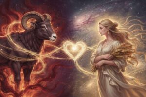 Astrologische Darstellung der Widder- und Jungfrau-Symbole, die die Begegnung von Feuer- und Erdelement visualisieren.