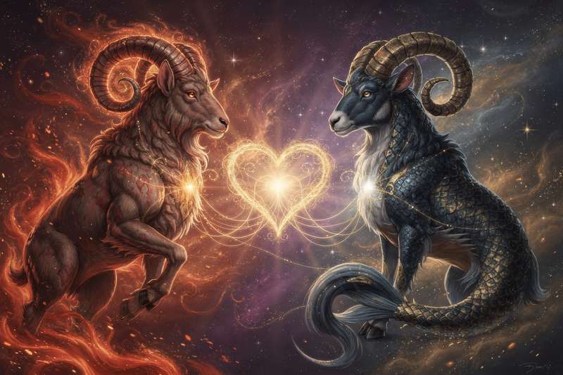 Widder und Steinbock stehen sich gegenüber mit Feuer- und Erdenelement in einer astrologischen Kompatibilitätsanalyse.