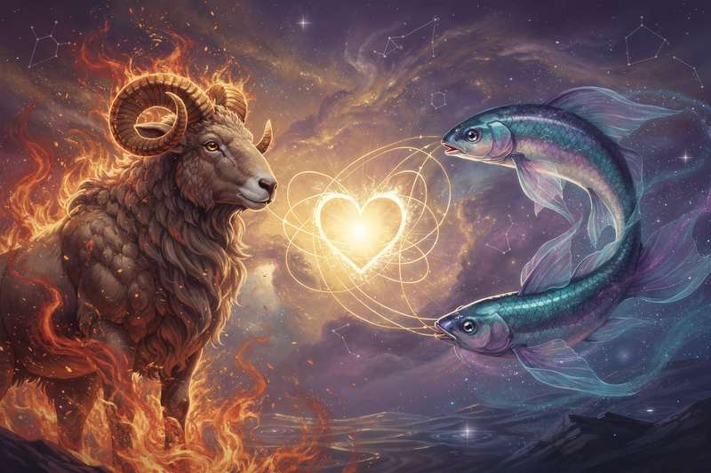 Astrologische Darstellung der Widder- und Fische-Tierkreiszeichen, die ihre gegensätzlichen Elemente Feuer und Wasser in einer...