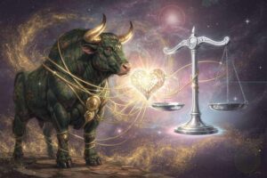 Astrologisches Schaubild zeigt die Kompatibilität zwischen dem bodenständigen Stier und der luftigen Waage als von Venus...