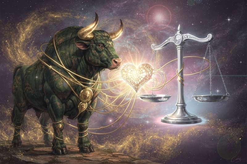 Astrologisches Schaubild zeigt die Kompatibilität zwischen dem bodenständigen Stier und der luftigen Waage als von Venus...